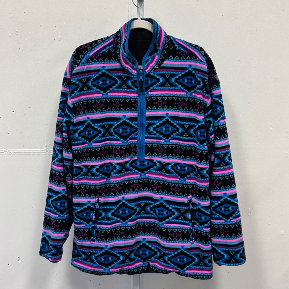 Chubbies Reversible Aztec Fleece Nylon Pullover Jacket Blue Pink Black Mens Lg